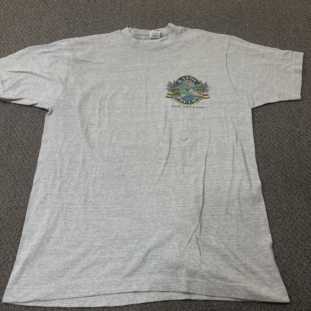 Vintage Bayou Beer Shirt Mens XL Gray New Orleans Alligator Graphic 90s USA *